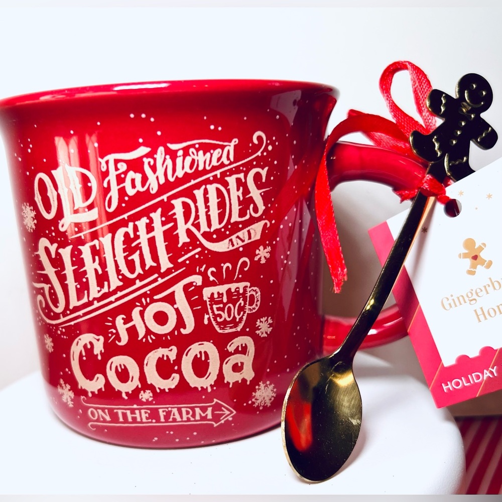 Christmas Sleigh Rides Hot Cocoa Red Camper Mug & Gold Metal Gingerbread Spoon